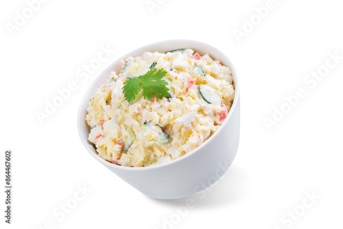 Japanese potato salad in a bowl on a white isolated background