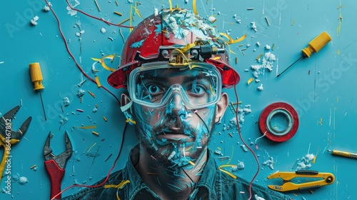 An electrician is shown covered in wires and safety gear The image is meant to be humorous. AIGZ01 photo