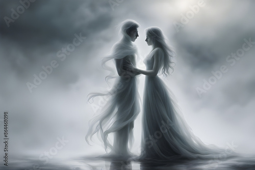 a pair of amorous lovers their figures blurred by a capricious swirl of fog 