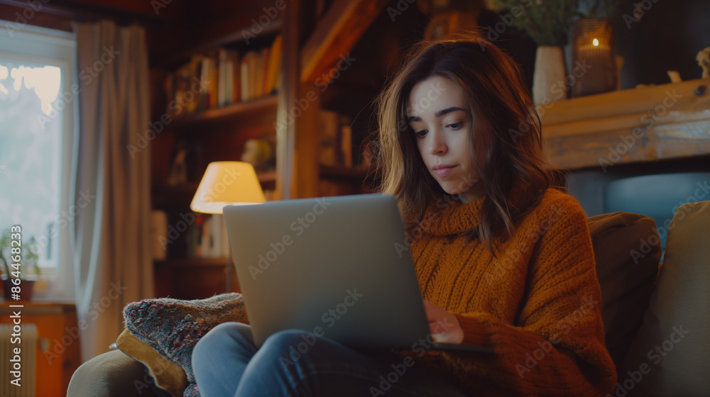 Young woman working on laptop in a cozy home environment Young woman working on laptop in a cozy home environment