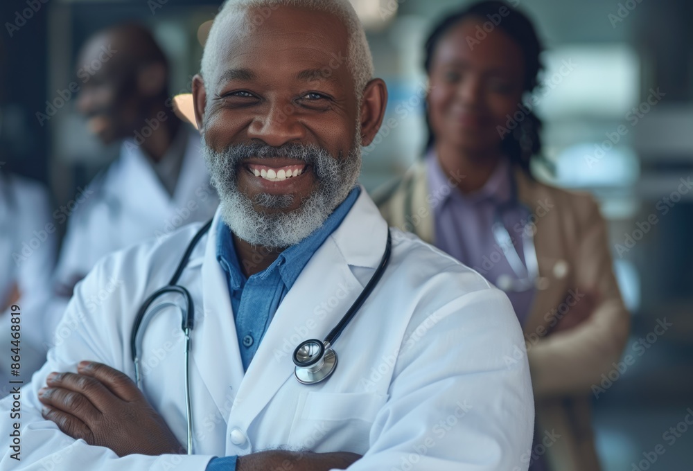 Cheerful smiling diverse latino, caucasian and african american doctors in white gowns with stethoscope medical science welcome background Cheerful smiling diverse latino, caucasian and african american doctors in white gowns with stethoscope medical science welcome background
