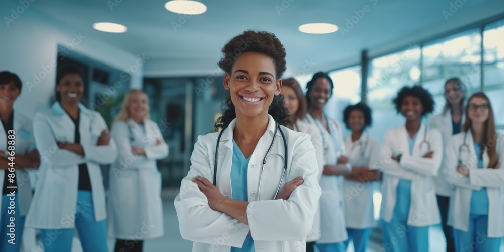 Cheerful smiling diverse latino, caucasian and african american doctors in white gowns with stethoscope medical science welcome background Cheerful smiling diverse latino, caucasian and african american doctors in white gowns with stethoscope medical science welcome background