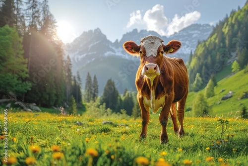 Iconic Swiss scene: Well-groomed cow in lush greenery against towering mountain backdrop