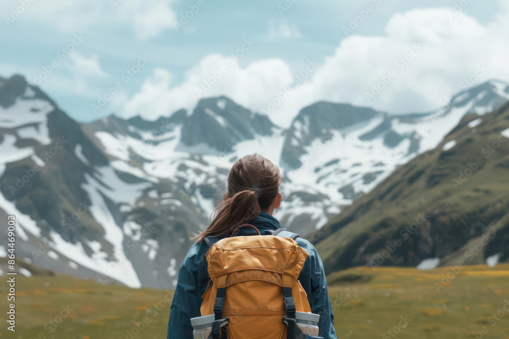 Fototapeta premium A woman traveler stands alone with her back to the camera, admiring the breathtaking mountain landscape