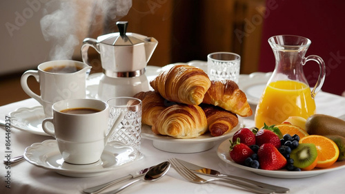 Breakfast served with coffee, juice, croissants and fruits