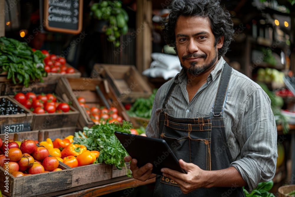 Cheerful Male Owner Using Tablet at Market Stall Cheerful Male Owner Using Tablet at Market Stall