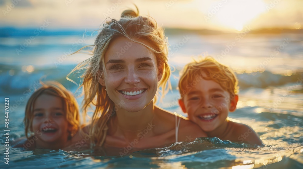 Relaxed family vacation on a beach, mother smiling with kids, picnic setup, golden hour light, wideangle view, serene sea, vibrant colors, happy nature scene Relaxed family vacation on a beach, mother smiling with kids, picnic setup, golden hour light, wideangle view, serene sea, vibrant colors, happy nature scene