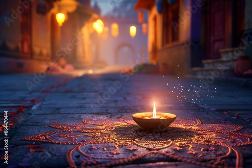 Ultra sharp photo capturing the warm glow a Diwali diya lamp against a night street scene photo