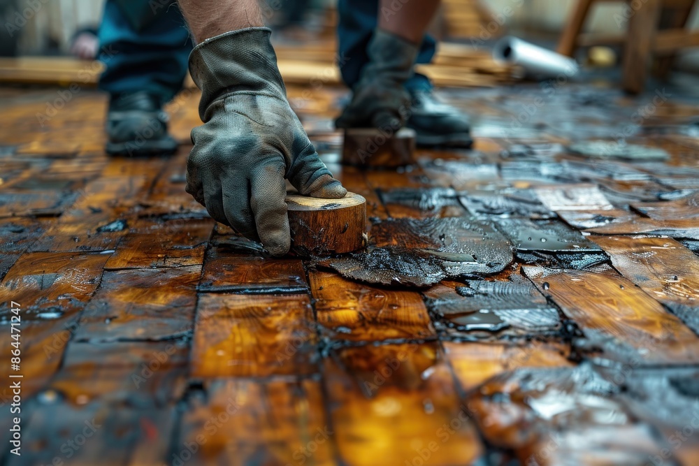 A close-up view of a worker's gloved hands as they restore a wooden floor, showcasing the detailed nature of craftsmanship and the specialized tools used in the process. A close-up view of a worker's gloved hands as they restore a wooden floor, showcasing the detailed nature of craftsmanship and the specialized tools used in the process.