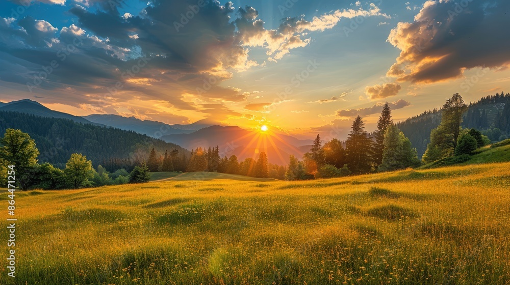 Sunrise over a summer field with pine trees Sunrise over a summer field with pine trees