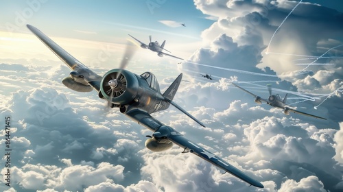 A nostalgic National Aviation Day poster featuring classic World War II fighter planes in a dramatic dogfight above the clouds. photo