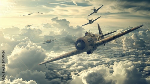 A nostalgic National Aviation Day poster featuring classic World War II fighter planes in a dramatic dogfight above the clouds.