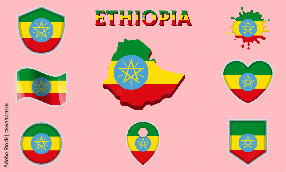 Collection of flat national flags of Ethiopia with map Collection of flat national flags of Ethiopia with map