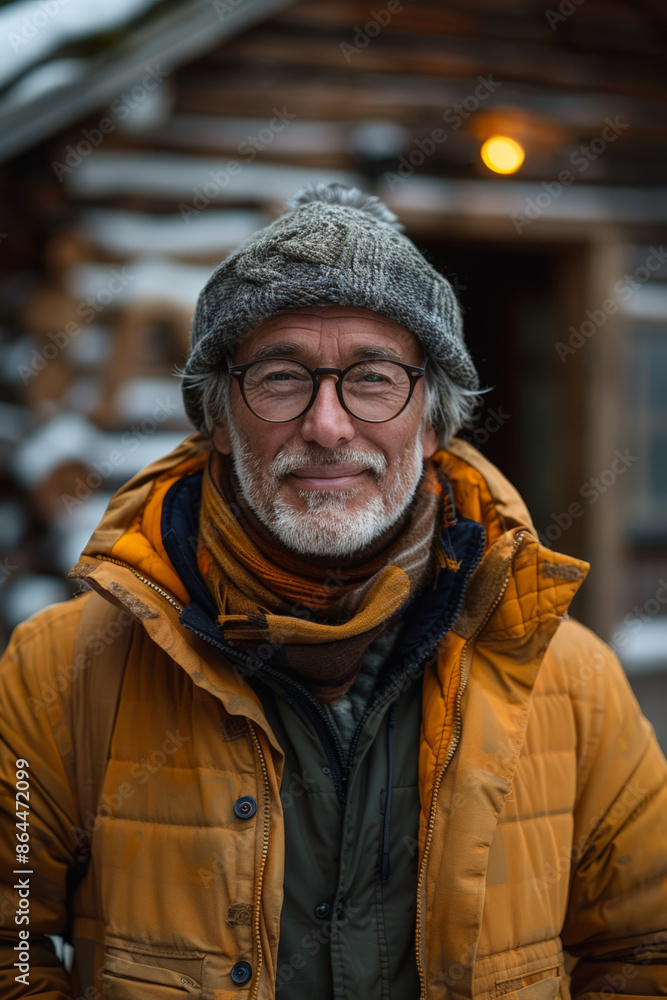 Happy man in winter outfit outside a cabin Happy man in winter outfit outside a cabin
