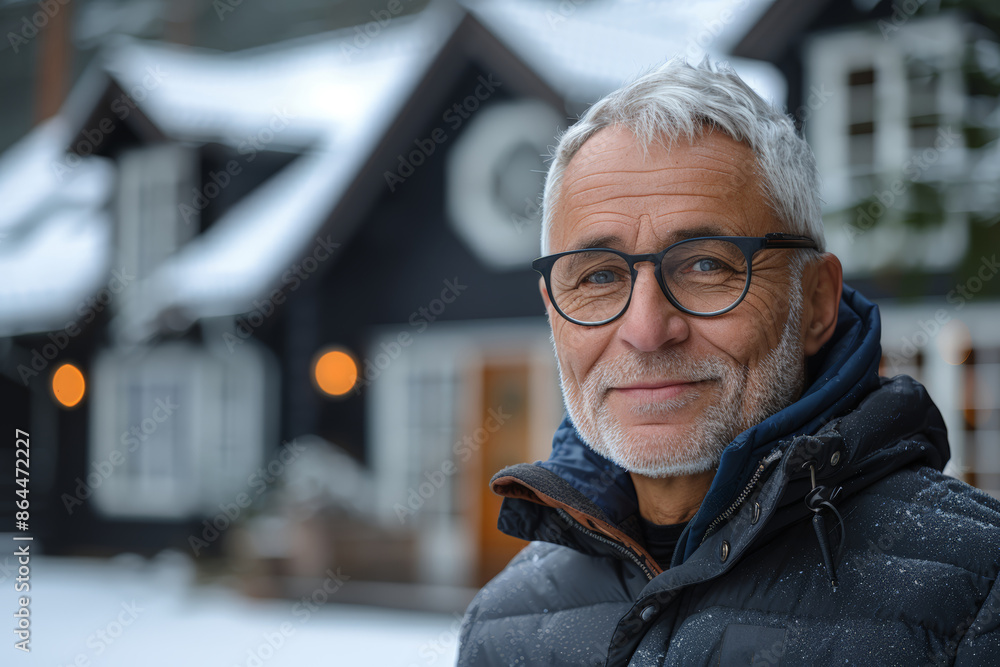 Happy mature man outside a winter cabin Happy mature man outside a winter cabin