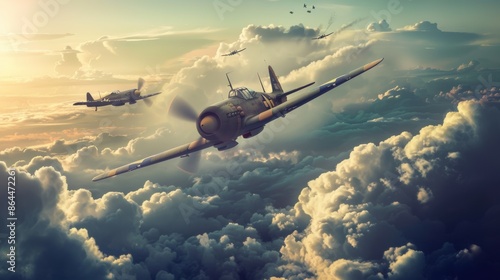 A nostalgic National Aviation Day poster featuring classic World War II fighter planes in a dramatic dogfight above the clouds.