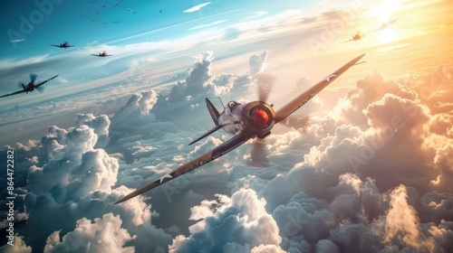 A nostalgic National Aviation Day poster featuring classic World War II fighter planes in a dramatic dogfight above the clouds.