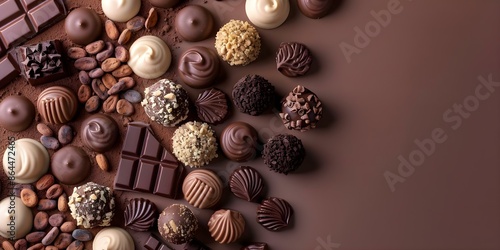 Elegantly displayed chocolate treats for World Chocolate Day on a pristine backdrop. Concept World Chocolate Day, Chocolate Treats Display, Elegant Presentation, Pristine Backdrop