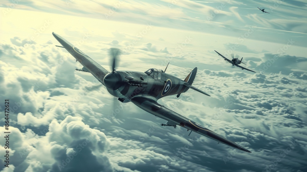 Fototapeta premium A nostalgic National Aviation Day poster featuring classic World War II fighter planes in a dramatic dogfight above the clouds.