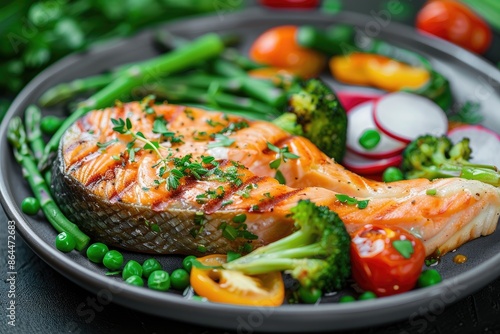 Roasted salmon steak with asparagos broccoli carrot tomatoes radish green beans and peas. Fish meal with fresh vegetable photo