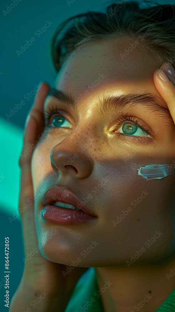 Woman in green shirt with green eyes Woman in green shirt with green eyes