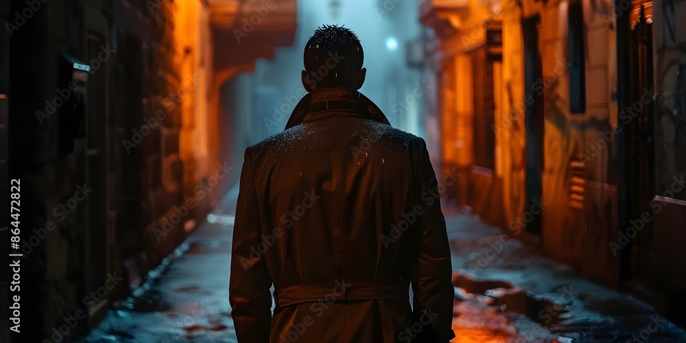 A solitary figure in a trench coat lurks in a shadowy alley. Concept Suspenseful Scene, Mystery Character, Dark Ambiance, Urban Setting, Mysterious Figure A solitary figure in a trench coat lurks in a shadowy alley. Concept Suspenseful Scene, Mystery Character, Dark Ambiance, Urban Setting, Mysterious Figure
