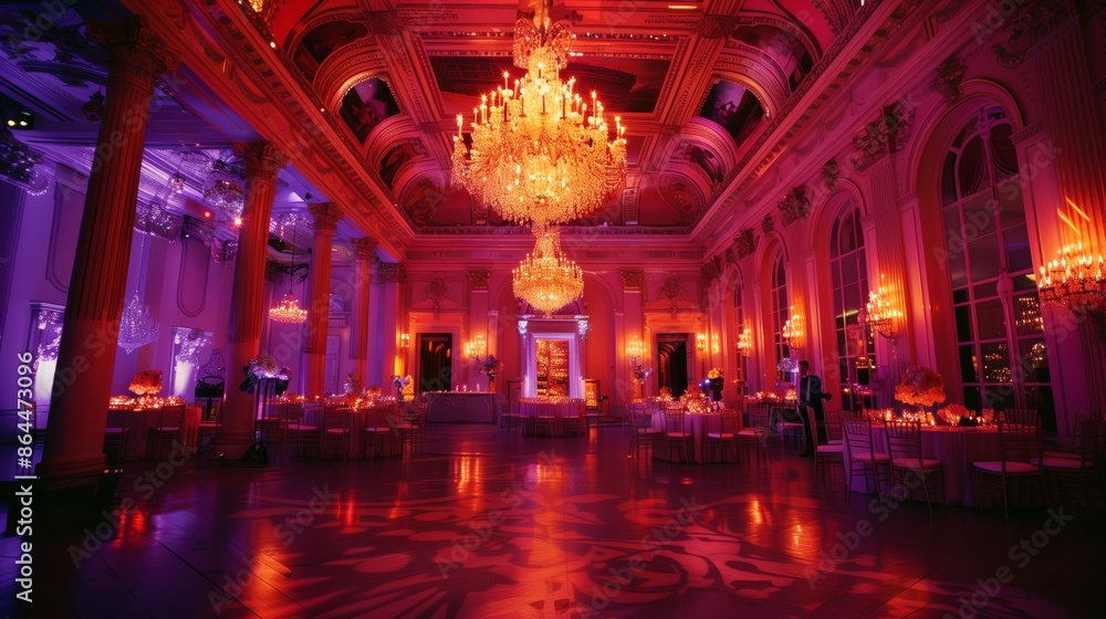 Fototapeta premium A lavish ballroom with ornate chandeliers and grand decor exudes opulence, blending elegance and splendor.