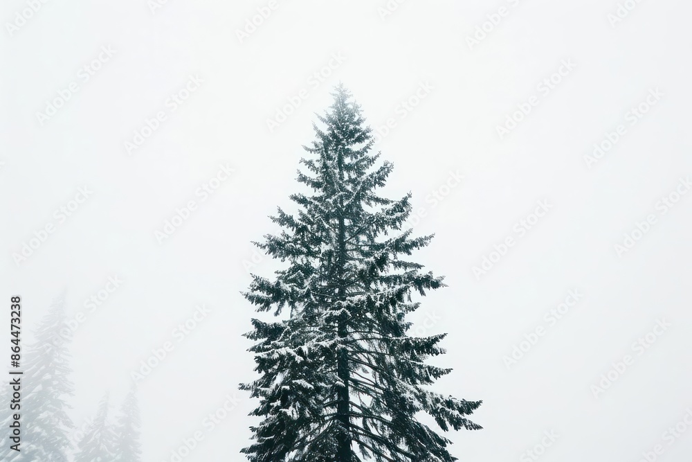 Fototapeta premium The tall hemlock tree set against a stark white canvas