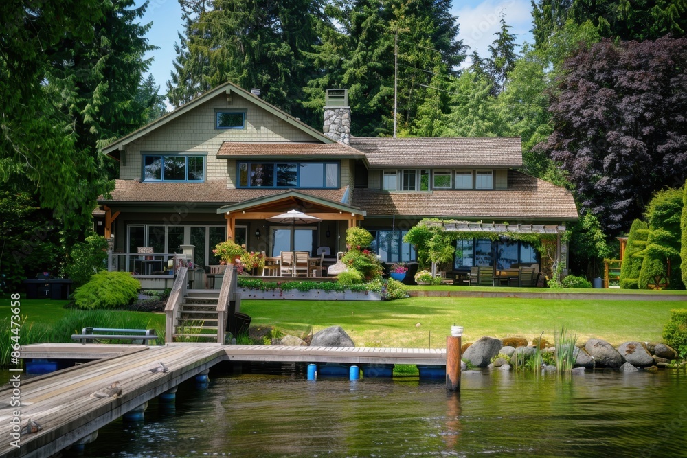 A beautiful lake house with a dock, large deck and green grassy yard In the summer, it was a sunny day Generative AI A beautiful lake house with a dock, large deck and green grassy yard In the summer, it was a sunny day Generative AI