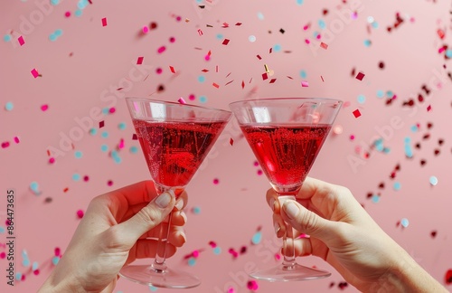 Two Hands Toasting With Pink Drinks and Confetti