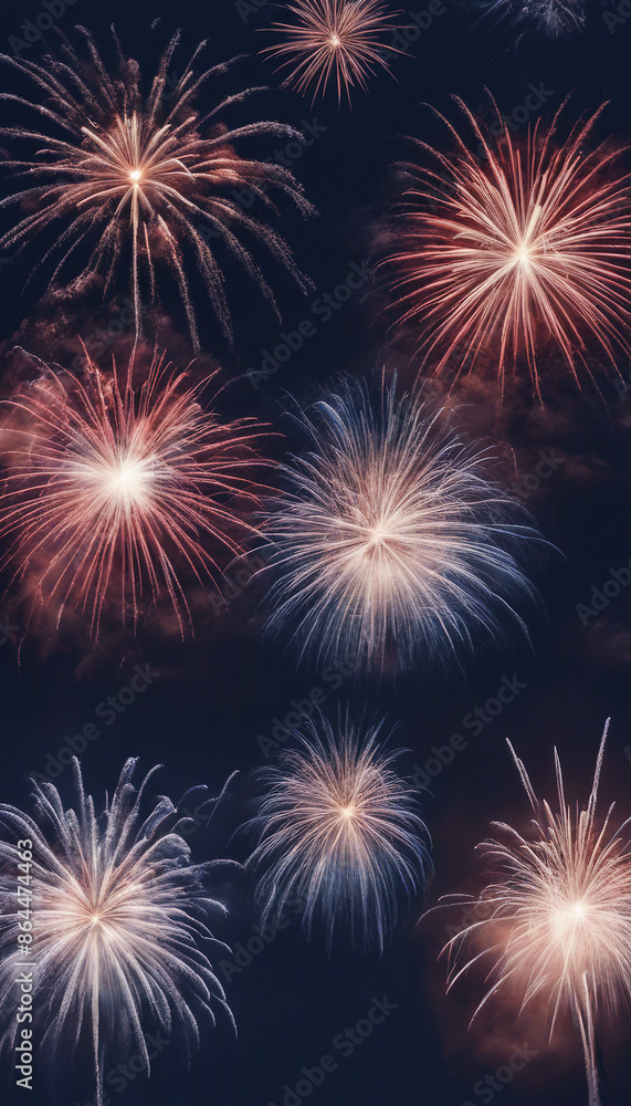 Naklejka premium 4th of July fireworks with decorations on dark blue background Happy Independence Day concept