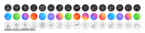 Grill place, Integrity and Valet servant line icons. Round icon gradient buttons. Pack of Cloud storage, Market location, Video conference icon. Vector