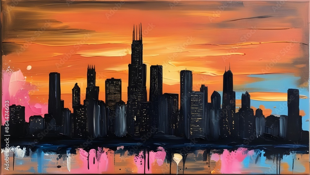 Oil Paint Rendering of Chicago Skyline Silhouette – High-Quality ...