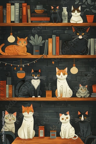 Wallpaper Mural Illustrated cats sitting on a bookshelf with various books and plants, ideal for cat lovers and whimsical home decor inspiration. Torontodigital.ca