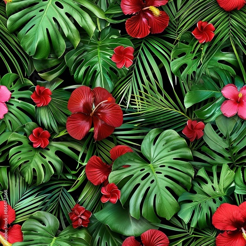 Wallpaper Mural   A close-up of several red flowers against a verdant backdrop of palms and greenery Torontodigital.ca