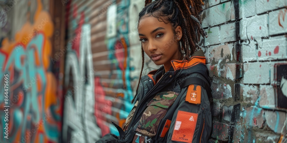 Street photography, model in urban techwear ensemble, background is a graffiti alley, clothing features tactical elements, Street photography, model in urban techwear ensemble, background is a graffiti alley, clothing features tactical elements,