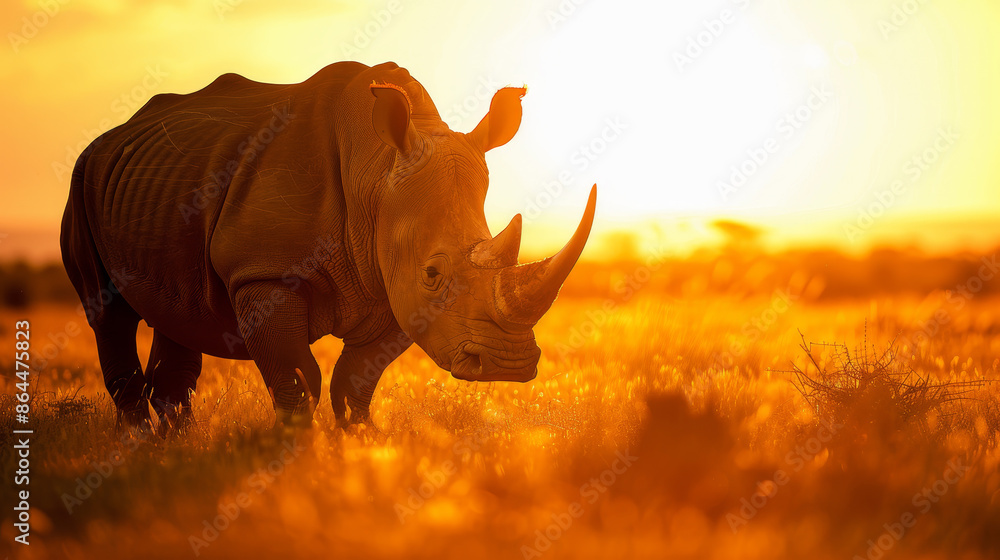 Fototapeta premium A rhino is standing in a field of tall grass