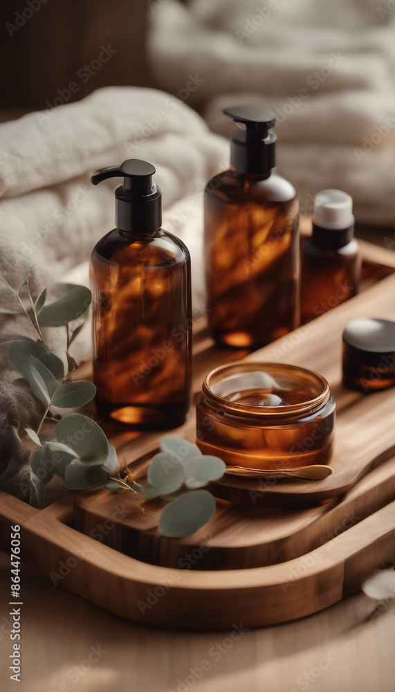 Brown amber glass cosmetic bottles on wooden tray on table with cosmetic bag and eucalyptus Luxury S Brown amber glass cosmetic bottles on wooden tray on table with cosmetic bag and eucalyptus Luxury S