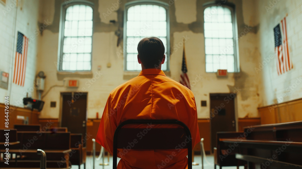 A man in an orange jumpsuit sits in a chair in a room with a flag hanging on the A man in an orange jumpsuit sits in a chair in a room with a flag hanging on the