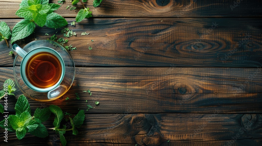 A tea theme with a teapot cup and fresh mint leaves on a wooden background Viewed from above with plenty of space for text or images A tea theme with a teapot cup and fresh mint leaves on a wooden background Viewed from above with plenty of space for text or images