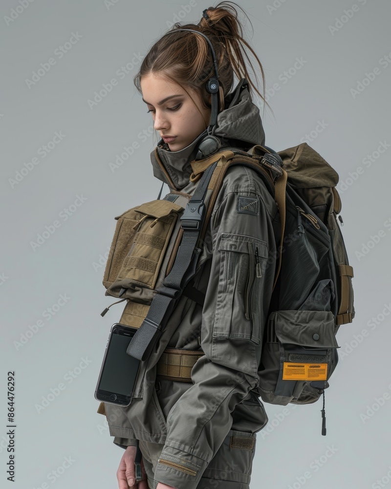 Studio photography, model in tactical techwear gear, background is a dark gradient, clothing includes multiple pockets and straps, ultra-sharp details, model is holding a tech gadget Studio photography, model in tactical techwear gear, background is a dark gradient, clothing includes multiple pockets and straps, ultra-sharp details, model is holding a tech gadget