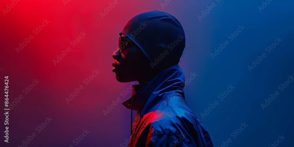 Studio silhouette, model in high-end techwear, background is a gradient from dark blue to black, clothing has a minimalistic design, Studio silhouette, model in high-end techwear, background is a gradient from dark blue to black, clothing has a minimalistic design,