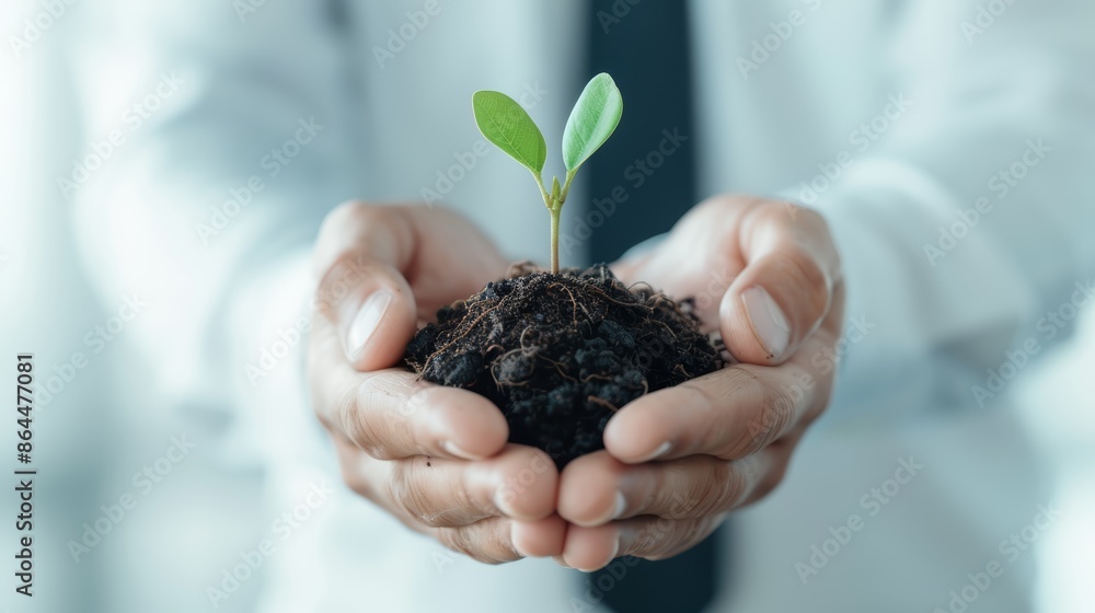Businessman cradling a young plant in his hands, with soil, against a soft-focus modern office background, representing care and development Businessman cradling a young plant in his hands, with soil, against a soft-focus modern office background, representing care and development