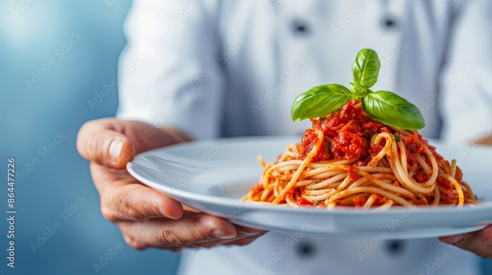 Chef's skilled hands showcasing a plate of authentic Italian spaghetti, perfectly cooked with homemade tomato sauce, detailed food photography for restaurant menus Chef's skilled hands showcasing a plate of authentic Italian spaghetti, perfectly cooked with homemade tomato sauce, detailed food photography for restaurant menus
