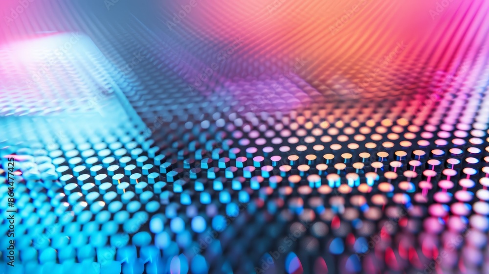 Close-up image of a vibrant LED light panel with colorful, with rainbow colors reflecting on surface Close-up image of a vibrant LED light panel with colorful, with rainbow colors reflecting on surface