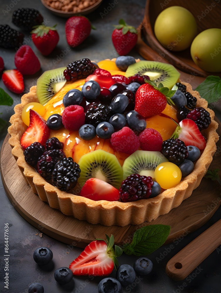 Vibrant Mixed Fruit Tart with Kiwi, Berries, and Peach Glaze. Vibrant Mixed Fruit Tart with Kiwi, Berries, and Peach Glaze.