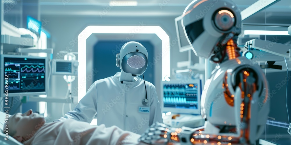 AI in Healthcare Robot doctor interacting with a patient in a modern medical setting. Bright, sterile environment with advanced medical equipment.  emphasize technology in healthcare.