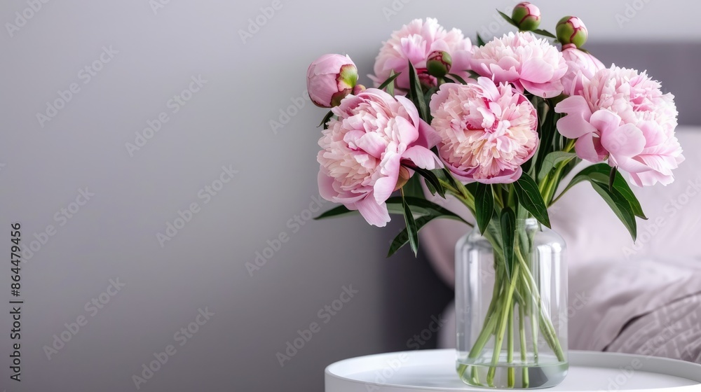 A bouquet of pink peonies arranged in a clear glass vase sits on a white table. The flowers are in full bloom, and the image is taken from a close-up perspective. A bouquet of pink peonies arranged in a clear glass vase sits on a white table. The flowers are in full bloom, and the image is taken from a close-up perspective.