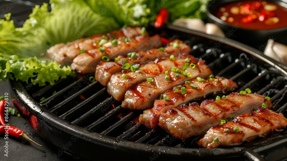 Flavorful Samgyeopsal Delight. Perfectly grilled pork belly paired with sesame oil and fresh lettuce. Flavorful Samgyeopsal Delight. Perfectly grilled pork belly paired with sesame oil and fresh lettuce.