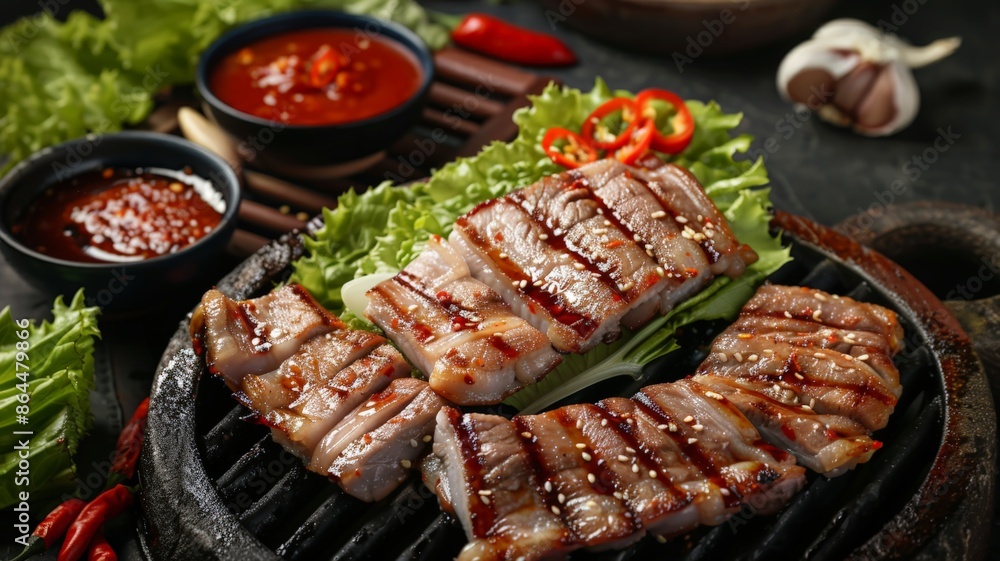 Korean BBQ Samgyeopsal. Sizzling pork belly slices ready to be wrapped in fresh lettuce. Korean BBQ Samgyeopsal. Sizzling pork belly slices ready to be wrapped in fresh lettuce.